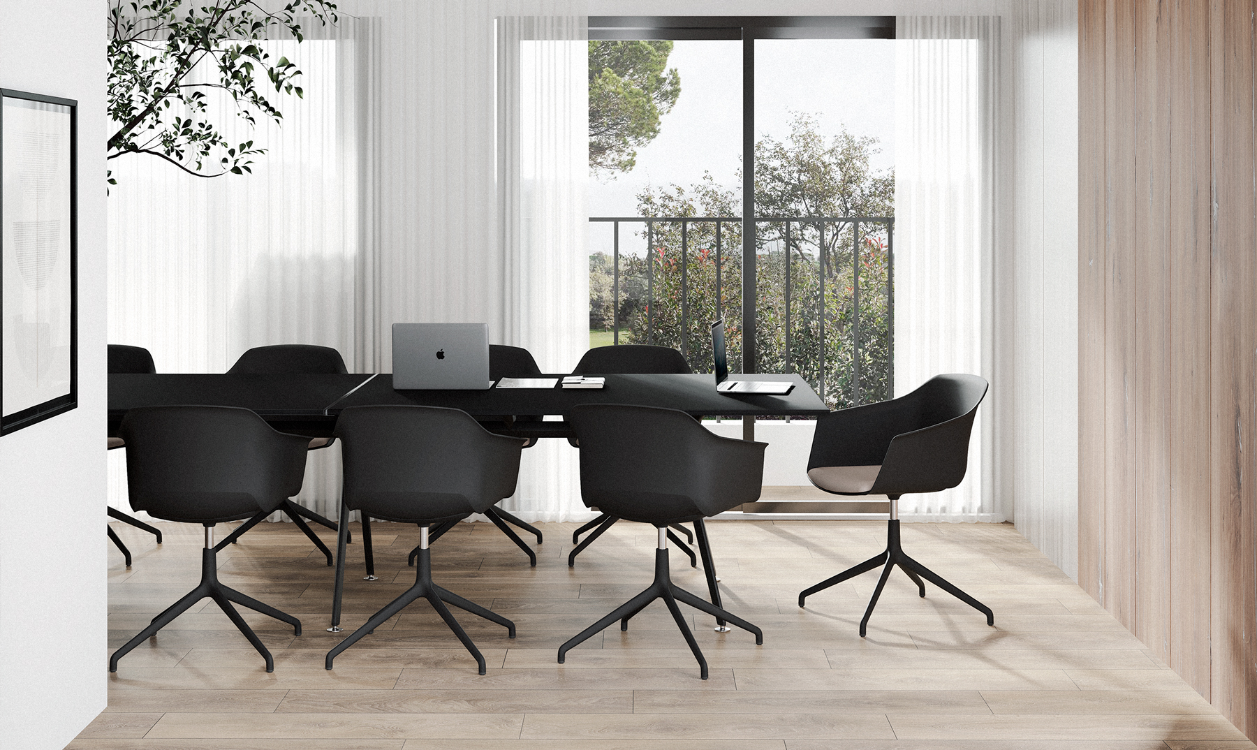 Modern conference room featuring Noom 60 chairs designed by Alegre Design for Actiu. The room includes a large, dark conference table with a black base and is surrounded by Noom 60 chairs with a black finish and white cushions, mounted on wheeled bases for mobility. The setting is sleek and contemporary, with a minimalist light fixture above the table and large windows providing natural light.