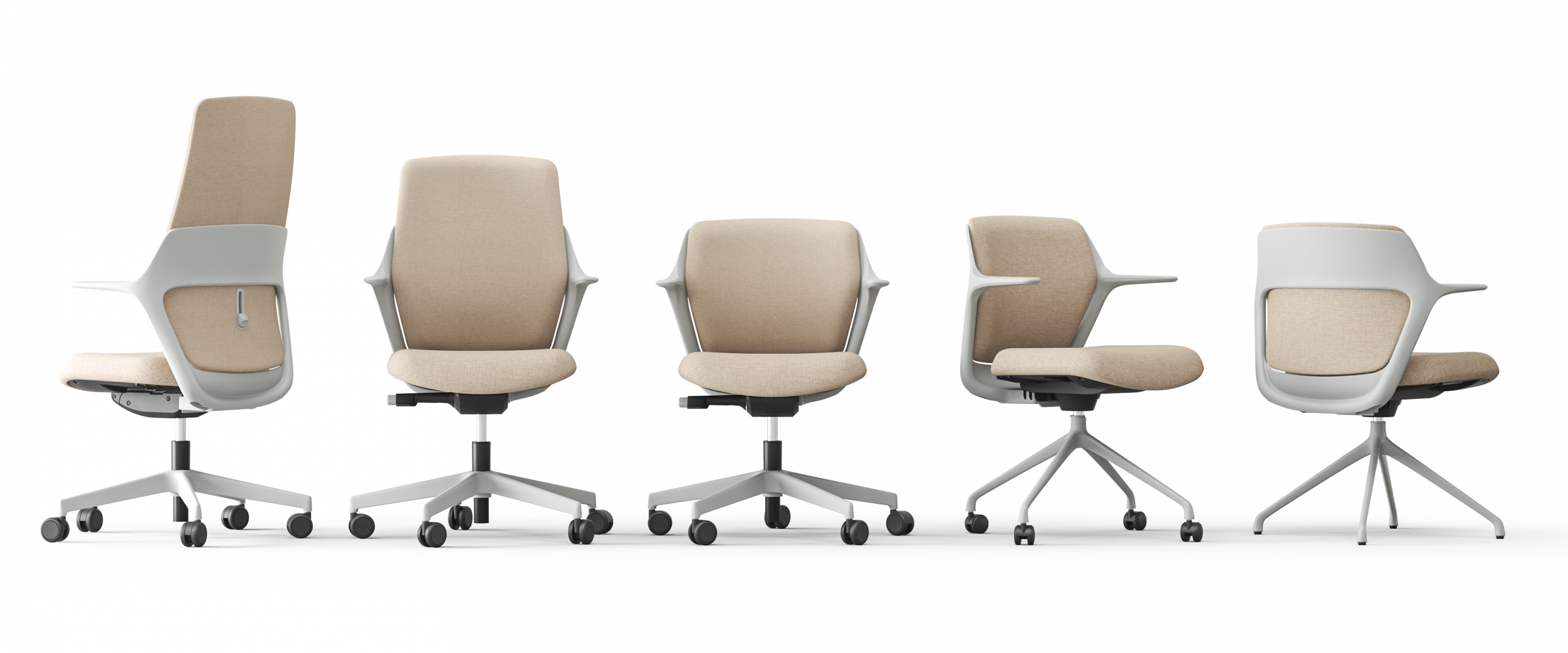 Three OFY chairs designed by Alegre Design for Narbutas, shown from different angles. The chairs feature ergonomic design, beige fabric finishes, and adjustable lumbar support, ideal for modern office settings